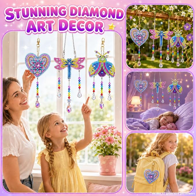 Diamond Art for Kids 8-12, 3 PCS Diamond Art Painting Sun Catcher for Girls | Arts and Crafts for Kids Ages 8-12 with 3 Gem Art Boards&Crystal Pendants, Gifts for Teen Girls, Garden/Home/Classroom Decor