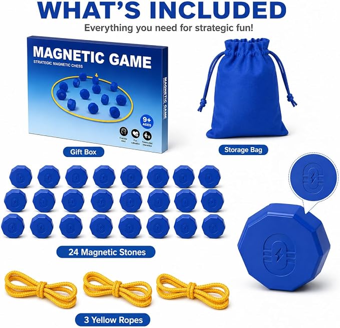 Magnetic Strategy Game with 24 Full-Size Stones, 3 Ropes & Bag | Portable strategy game for kids, teens and adults, perfect for family nights, parties, travel, camping and outdoor play