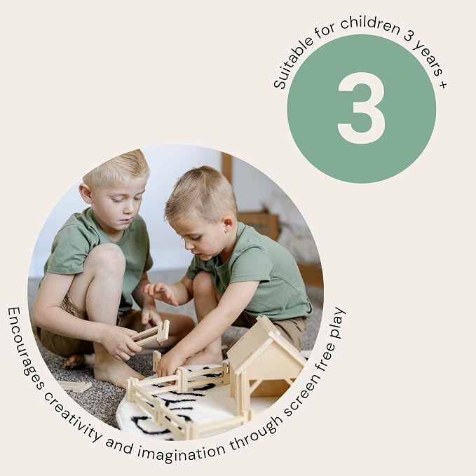 Natural Wood Farm Building Set for Kids Ages 3+, 34-Piece Farm Construction Toy with Interlocking Barns and Fences, Open-Ended Creative Building & Imaginative Play