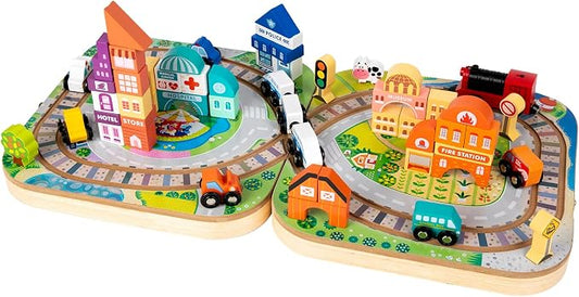 Adena Montessori Wooden Tabletop Train Set, Small, 3+ | Safe wood, 75 blocks + train. Build tracks & city. Boosts motor, logic & creativity. Take-along tabletop. Gift 3+.