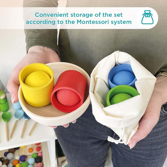 Ulanik Balls in Cups Starter Kit Montessori Toys for 1 Year Old | Open-ended wooden sorting set; 4 basic colors; bowl and bag for easy storage