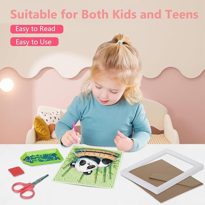 Gemozaic Diamond Art Kits for Kids with Frame, Panda Diamond Art for Kids Ages 4-6-8 for Gift Home Wall Decor (7x7inch)