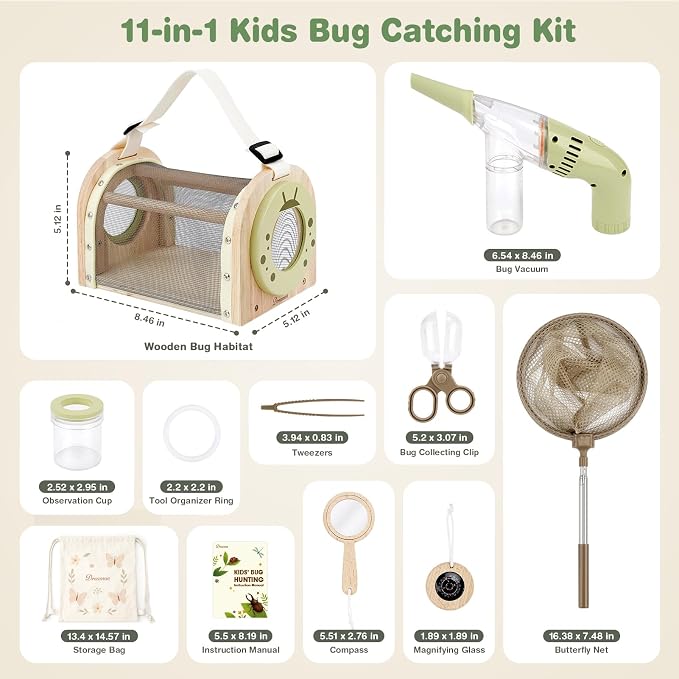 Wooden Kids Bug Catching Kit, Dreamon 11 Pcs Outdoor Toys for Kids Ages 4-8 | STEM Educational Toy Gifts Kids Explorer Kit with Wooden Bug Habitat, Bug Vacuum, Butterfly Net, Compass and Magnifying Glass