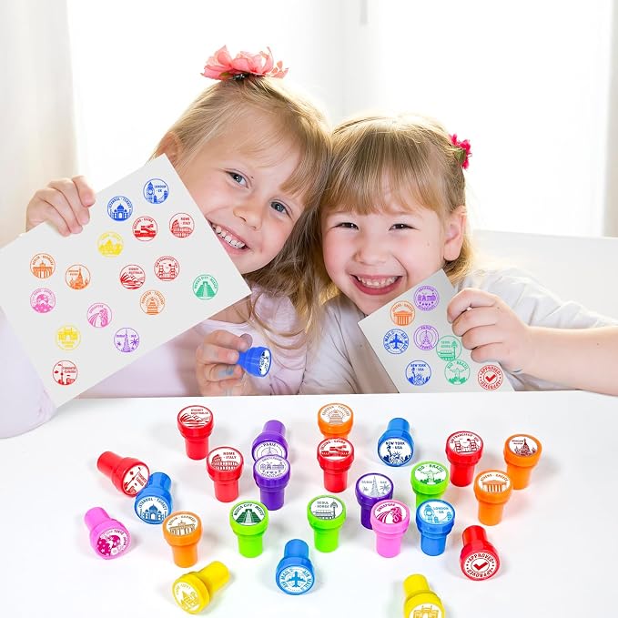 Cinrobiye 24 Pcs Adventure Travel Stampers Party Favor Set, Fun Bon Voyage Travel Stamps for Kids Birthday Party, Classroom Rewards, Carnival Prizes, Goody Bag Fillers, Travel Themed Party Supplies