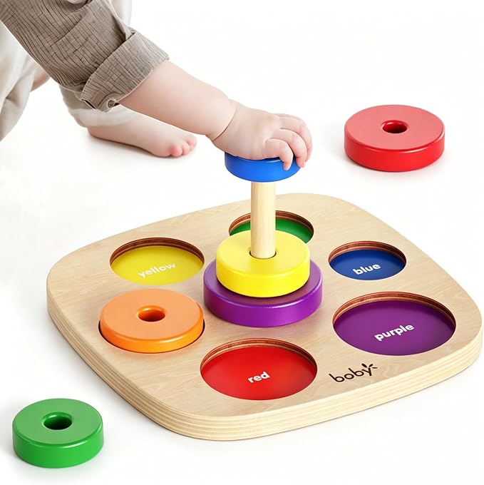 Dailyfunn Montessori Toys Wooden Rainbow Ring Stacker Color Size Learning Sorting Stacking Toy for Toddlers 1-3 Years Old