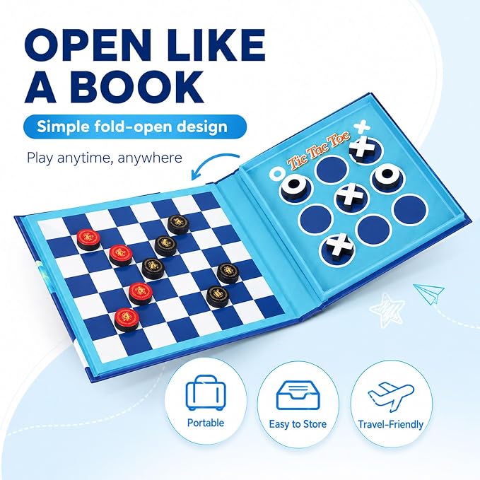 TRAVOFUN Magnetic Checkers Board Game | Travel Games for Kids 8-12 | Foldable travel checkers game with tic-tac-toe keeps magnetic pieces secure for car rides, flights, camping, and family play.