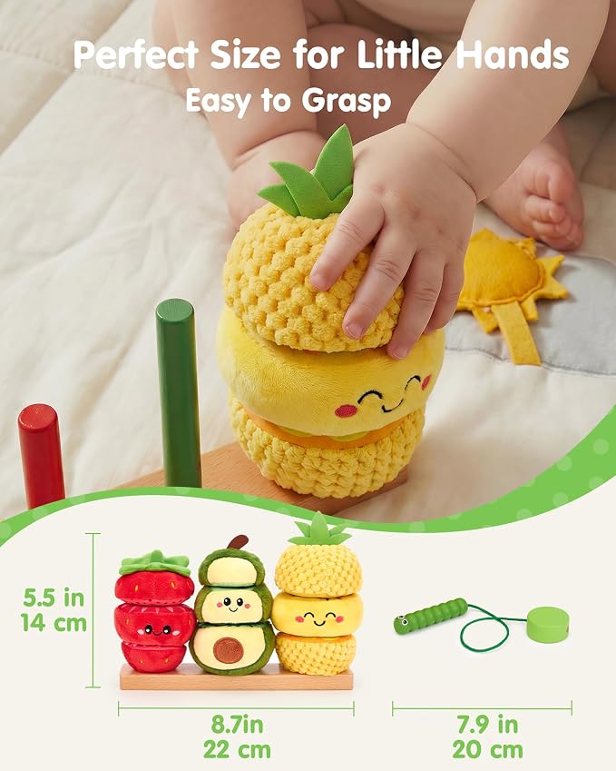 hahaland Montessori Toys for 1 Year Old Girl Boy, Stacking Rings Baby Toy | Soft Sorting & Stacking Toy Fruits with Wooden Stacker, Threading Set for Toddlers 1-3 Developmental 1st Birthday Girl Gifts