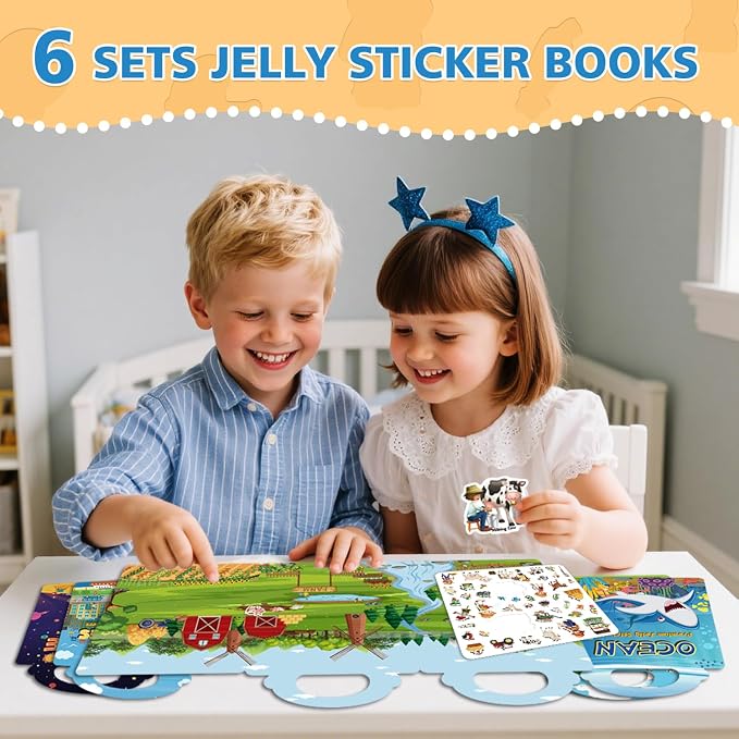 3 Sets of Reusable Jelly Stickers Books - Jelly Sticker Books for Kids - Airplane and Car Travel Toys Educational Gifts for Boys and Girls (Dinosaur+Ocean+Animal
