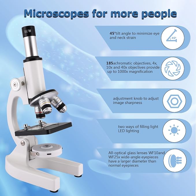 Microscope for Adults & Kids, 40X-2500X High-Power Compound Microscope for Students, School Lab & Home Schooling,Equiped with Slides Set & Phone Holder (Light White)