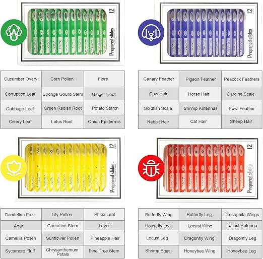 Jiusion 48Pcs Prepared Microscope Slides Specimen Set for Stereo Microscope | Safe Plastic Biological Samples of Animals, Insects, Plants & Flowers for Kids, Students Enlighten Education