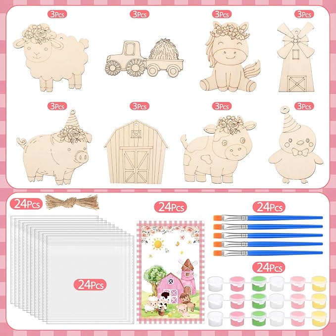 Saypacck 24 Pcs Party Favors Wooden Painting Craft Kits Birthday Party Supplies with Organza Bag for Goodie Bags Fillers Adult Thank You Gifts(Pink Farm)