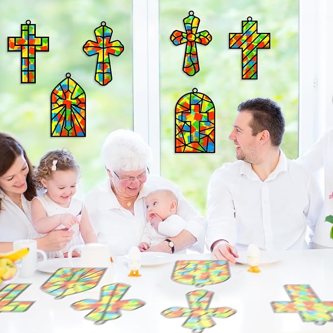 Lonfliness 32 Set Cross Suncatchers Craft DIY Religious VBS Window Stain Glass Effect Paper Christian Home Sunday Easter Decorations Art Craft Creative Activity Project Gift Favor