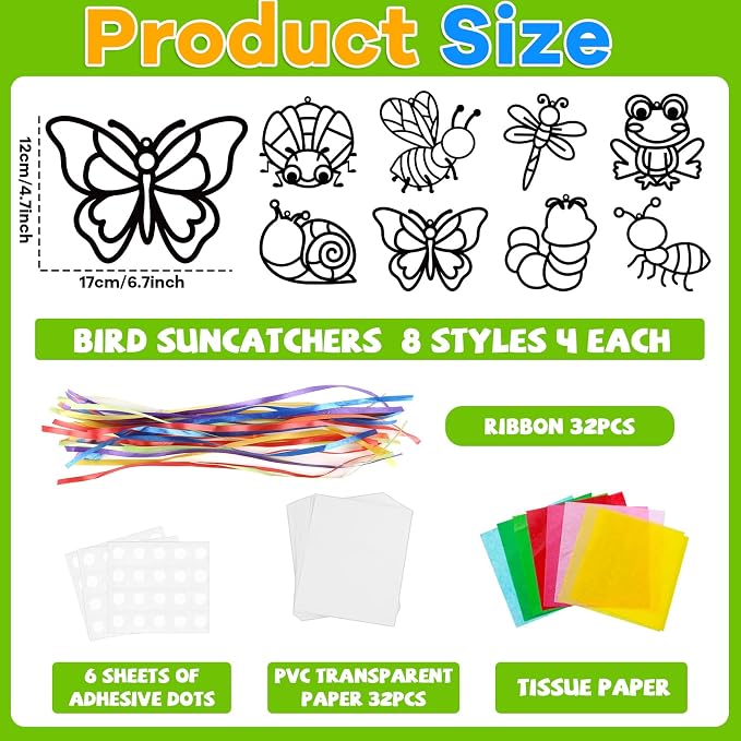 Lonfliness 32 Sets Spring Bug Suncatchers Craft Kit DIY Insect Window Stained Glass Effect Paper Butterfly Bee Home School Classroom Decoration Summer Art Creative Activity Project Gift Favor