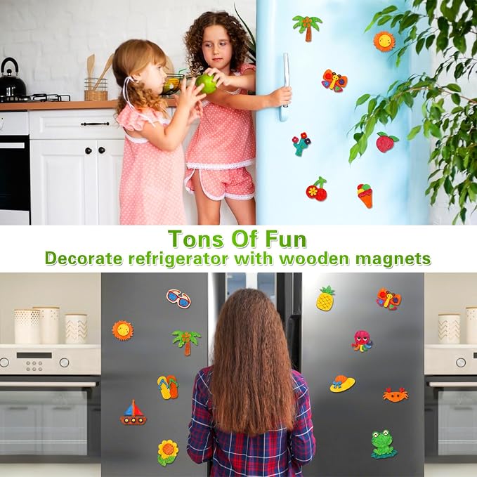 Worgree Summer Crafts for Kids, 36pcs DIY Wooden Magnets Art Craft Supplies | Painting Kit for Boys Girls Ages 4-8 8-12 Birthday Party Gifts Summer Activities School Classroom Prizes