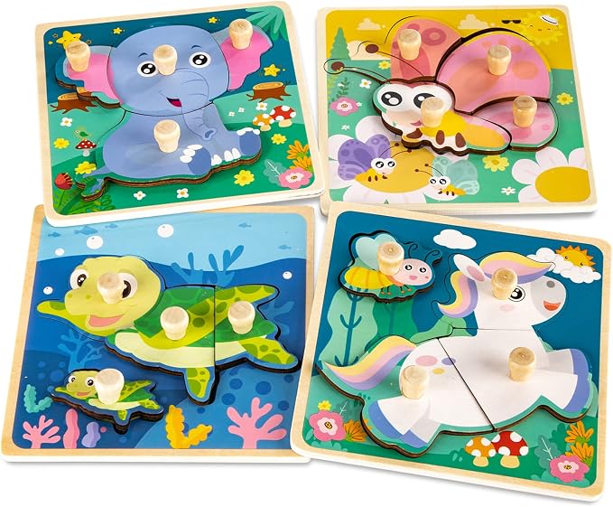 Chunky Wooden Puzzles for Toddlers 1-3: 4 PCS Animals Peg Puzzles Toys | 10 Reinforced Design Tested to 1,000+ Assembly Cycles - Big Pieces for Little Hands - Gift for 1-3 Year Olds Girl Boy