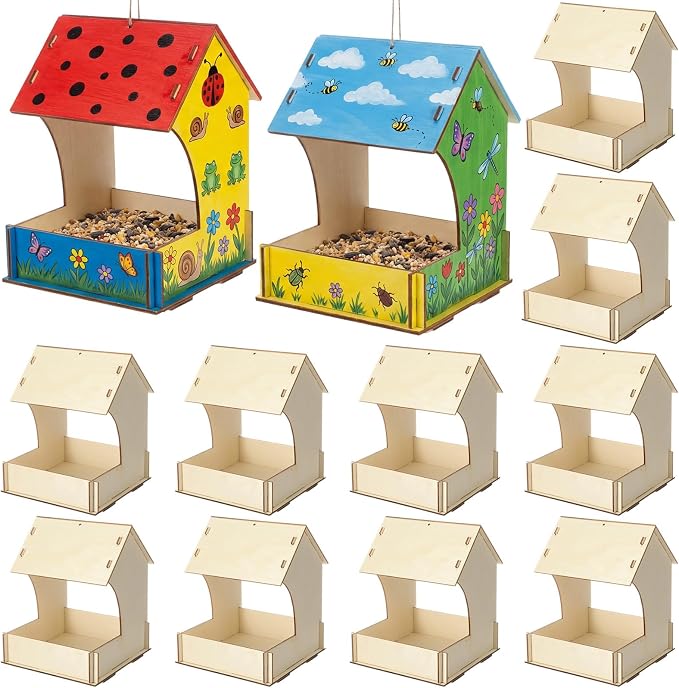 DoubleFill 12 Pack Bird Feeder Kits Bulk Wooden DIY Birdhouse Kits Unfinished Bird Feeder Birdhouse to Paint Wood Craft for Educational Fun Art Outdoor Activities Gifts