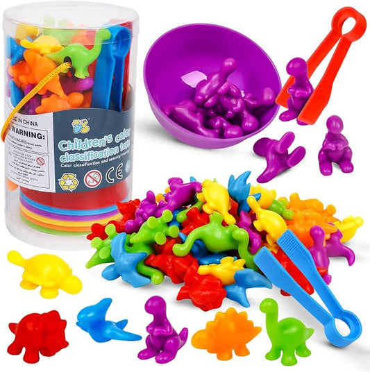 Counting Dinosaurs Color Sorting Toys with Rainbow Bowls,Sensory Training & Counting Activity Montessori Education Learning Activities Easter Basket Stuffers Gifts for Boys Girls