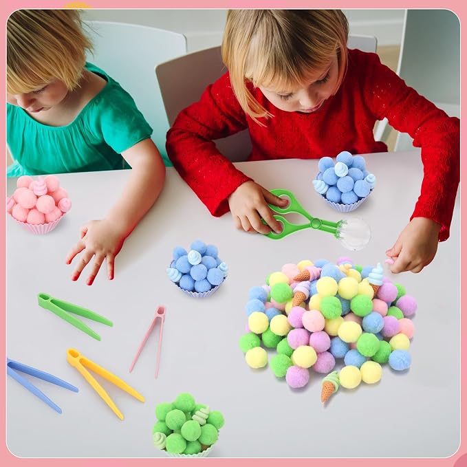 136 Pcs Ice Cream Sensory Bin Filler Counting Sorting Fine Motor Toys | 100Pcs Pom Pom 20Pcs Mini Ice Cream 10Pcs Sorting Cups 4Pcs Tweezers 2Pcs Scissors Clips for Preschool Early Education