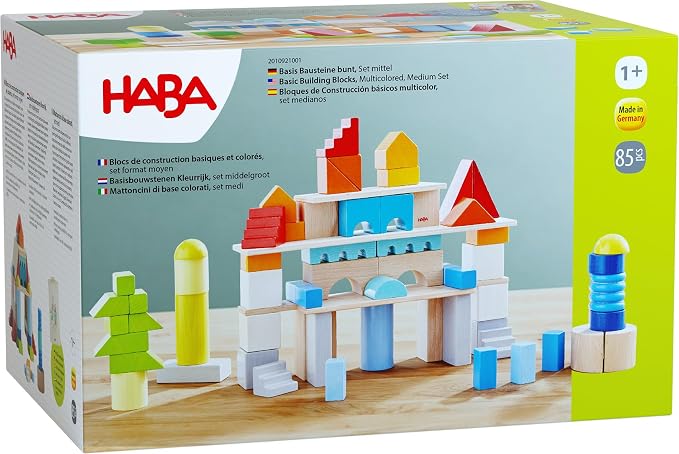 HABA Colored Wooden Building Blocks - Set of 85 Piece Set of Wooden Toys, Stacking Toys for Toddlers 1-3 Ideal Open Ended STEM Play (Made in Germany)