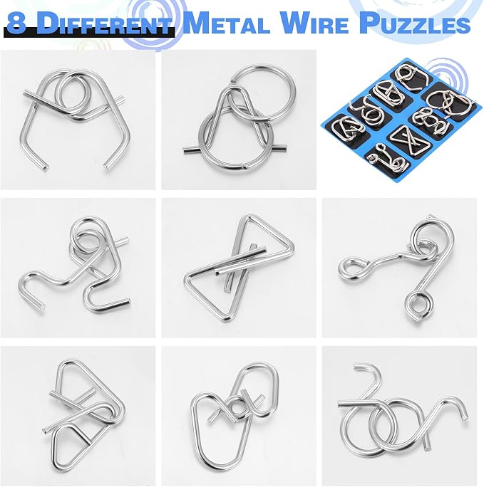 8 Pack Brain Teaser Puzzles Metal Wire Ring with Pouch,C Style | IQ Test Disentanglement Unlock Challenge, Portable Storage Pouch, Mind-bending Interlock Game for Party Favor Entertainment