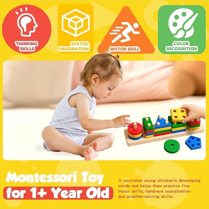 Montessori Toys for 2 3 Year Old Girls Boys, Wooden Sensory Toys for 2-3 Year Old Birthday Gifts, Education Toddler Puzzles Easter Basket Stuffers Learning Toy Activities Puzzles Ages 2-3