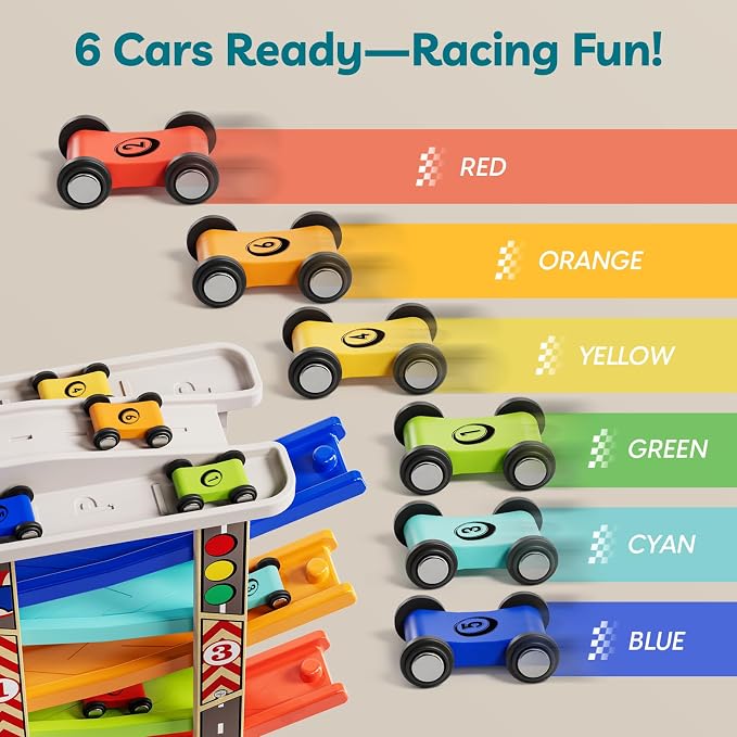 TOP BRIGHT Wooden Car Ramp with 6 Cars, Montessori Toy for Ages 1-3 | 6-Lane Ramp With Garage & Bridges, Includes 6 Mini Cars for Racing, Montessori Toy for Boys & Girls