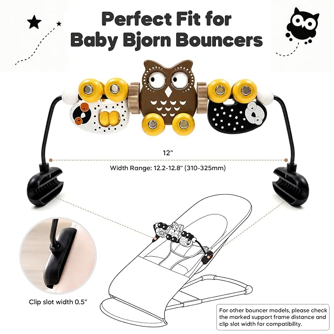 mamatepe Wooden Baby Bouncer Toy Bar Compatible with Baby Bjorn Bouncers, Baby Bjorn Attachment Toy with Tight and Secure Fit, Rotatable Sensory Toy for Babies to Watch, Touch and Spin