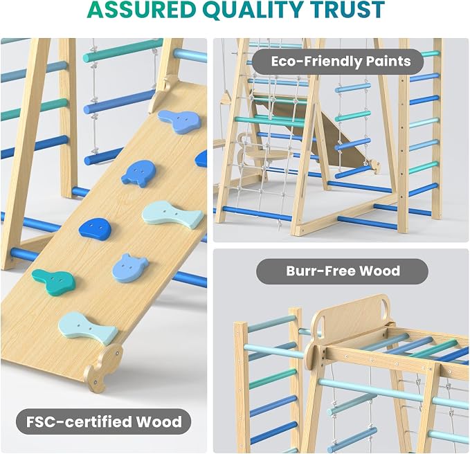 Upgraded Indoor Jungle Gym 9-in-1 Playground Kids Climbing Toys | Waldorf Style Wooden Climber Playset with Slide, Swing, Monkey Bars, Upright/Rope Ladder, Climb Net, Blue