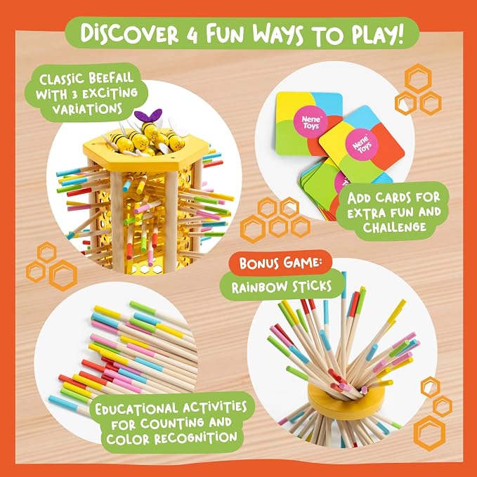 Nene Toys BeeFall Jumbo, 4-in-1 Wooden Honey Bee Toy for Kids Ages 3-9 - Educational Game with Wooden Honeybee Hive, 12 Bees, Colorful Sticks, Dice & Cards - Fun Family Game for Cognitive Development