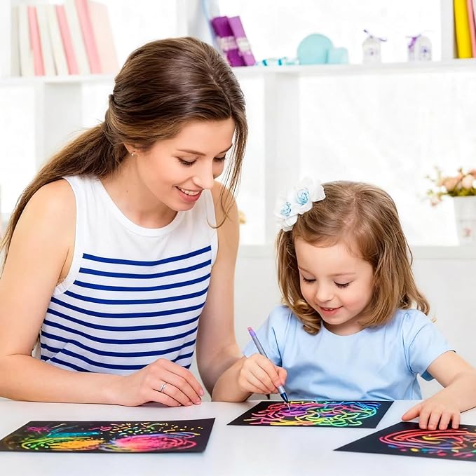 Cityrosy 100 Pcs Scratch Art Paper Rainbow Sets Arts and Crafts for Kids ﻿ | Classroom Supplies Black Magic Scratch Off Craft Set Kits for Age 3-12 Party Games Birthday Gifts Easter Basket Stuffers