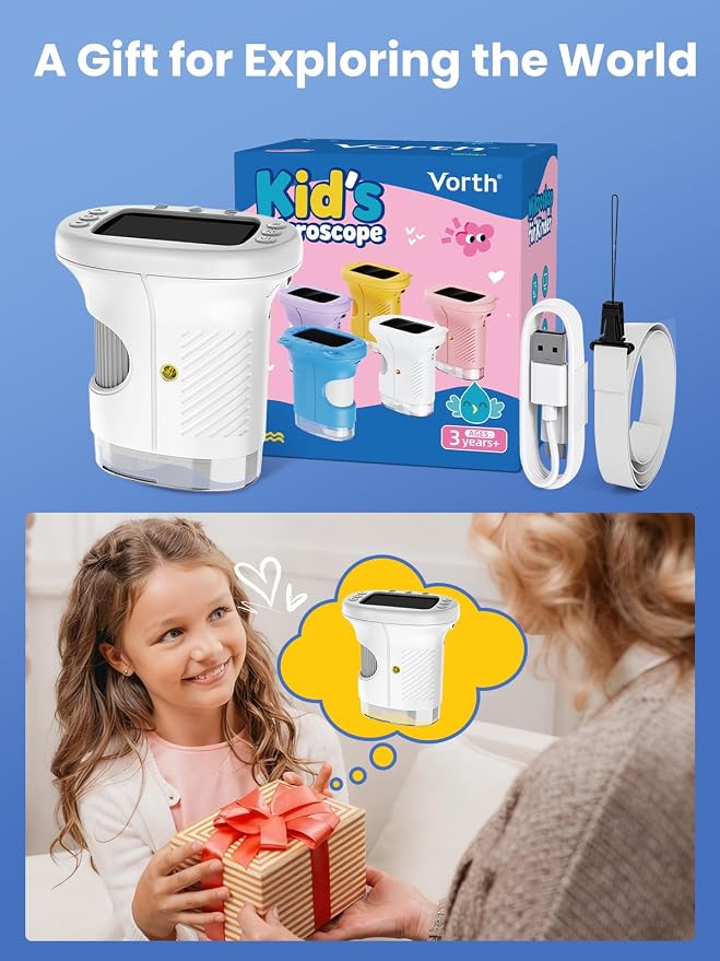 Microscope for Kids, 2.4 Inch Digital Microscope with 1000X Magnification, Handheld Camera Mini Pocket Magnifying Glass, Educational Toys for Ages 3+, White