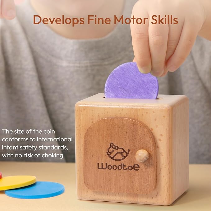 Woodtoe Montessori Coin Box, Object Permanence Toy for Toddlers Ages 1-3 | Color Sorting Game, Educational Sensory Activity, Develops Fine Motor Skills, Early Development Gift for 1+ Year Old Boy Girl