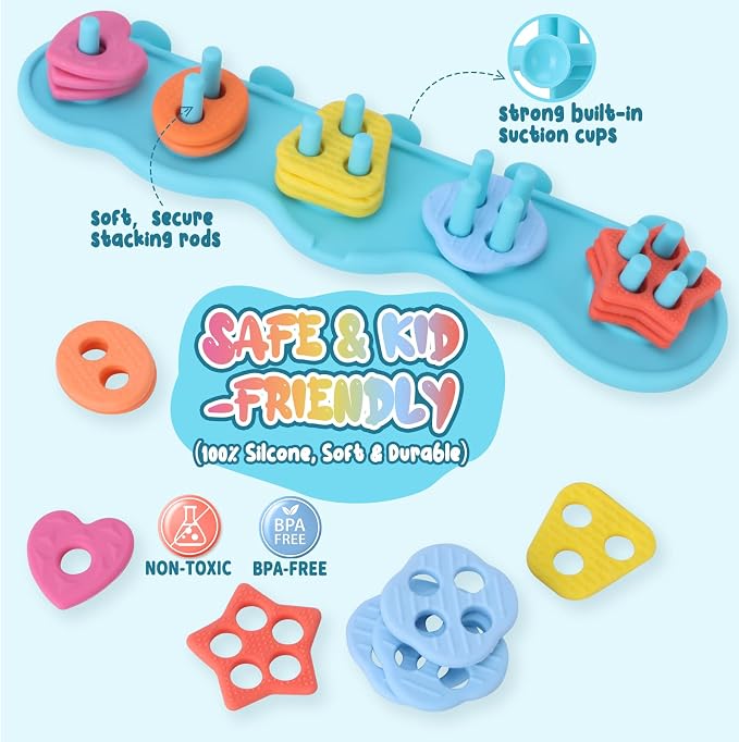 Baby Bath Toys, Mold Free Silcone Shape Sorting & Stacking Bath Toy Set | with 20 Textured Floating Puzzle Toys, No Hole Design, Soft Color & Shape Sorter for Toddler Early Learning Bathtub Fun
