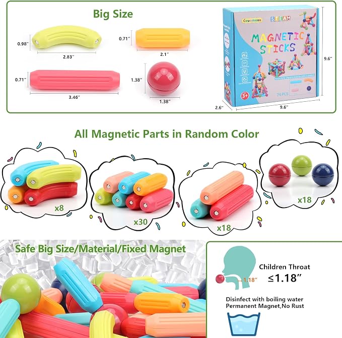COUOMOXA Magnetic Building Blocks STEM for Toddlers: 74pcs Montessori Magnet Toys for 3 4 5 6 7 8+ Years Old Kids - Sensory Toys for Preschool Gifts-Starter Set - Birthday Gift for Boys Girls
