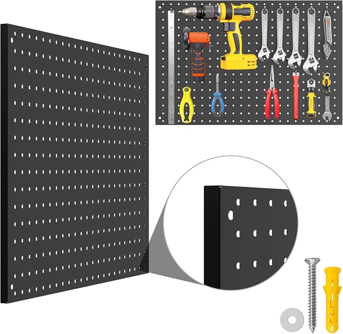 Peg Board, 2 Pack Metal Pegboard Panels Black Pegboards Wall Organizer with Frame Large Heavy Duty Peg Board with Hooks for Walls Home,Garage Tool Storage,Office Organization,Kitchen 24”×16”