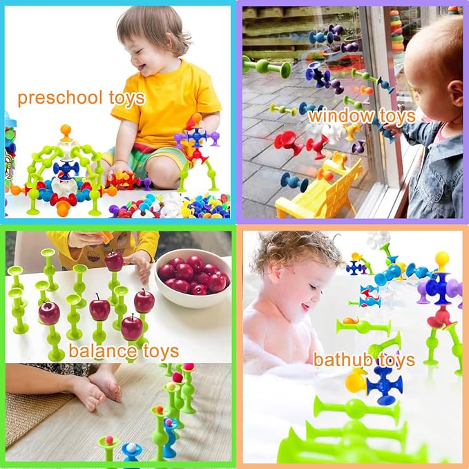 48 Piece Suction Cup Toys Construction Set - Silicone Building Blocks DIY Fun Bath Toys for Kids, Travel Essentials for Toddlers, Stem Bins for Classroom Darts Sucker