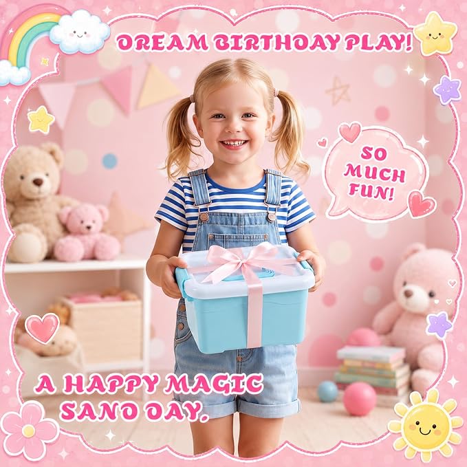 Teyva Daily 59 Pcs Sensory Bin Sand Kit with 2.2lbs Pink Moldable Play Sand, Inflatable Tray, Lidded Storage Box, Castle Ocean Animal Fruit Molds, Flags and Pump for Kids Toddler Ages 4-6