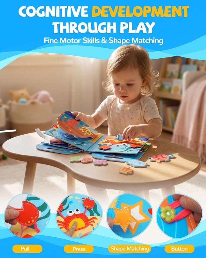 Busy Book for Toddlers 1-3, Busy Board for 1 Year Old, Quiet Books | Felt Activity Books for 1+ Year Old, Toddler Travel Toys, Boy Girl 1st Birthday Gift, Montessori Ocean Sensory Learning Board