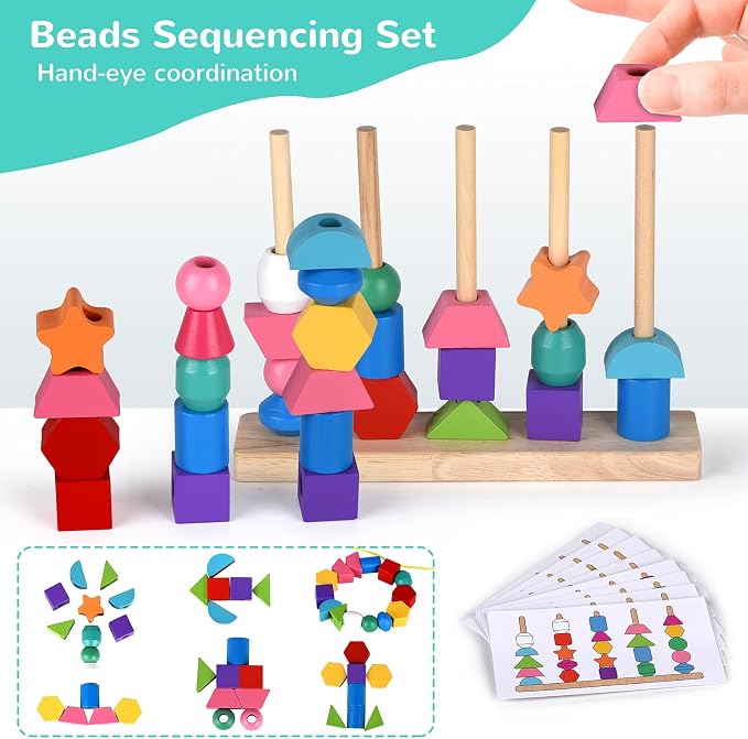 Montessori Bead Sequencing Toy Set, Wooden Stacking Blocks & Lacing Beads & Matching Shape Colors Stacker, Montessori Toys for 3 4 5 Year Old, Toddlers Preschool Learning Fine Motor Skills Toys