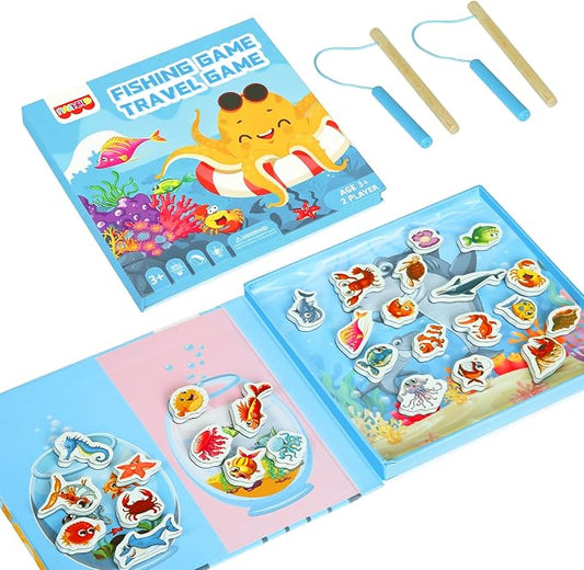 Magnetic Fishing Game for Toddlers Ages 3-8 – Montessori Wooden Educational Toy with 28 Fish – Preschool Learning Toy for Fine Motor Skills, Travel, Airplane & Road Trips