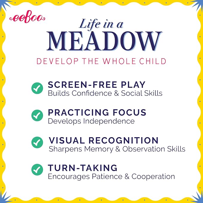 eeBoo Life in a Meadow Memory & Matching Game, Ages 3+, 1-4 Players | Introduces woodland flora & fauna. Sharpens recognition, concentration & memory skills. Includes 48 hexagonal tiles, 24 pairs
