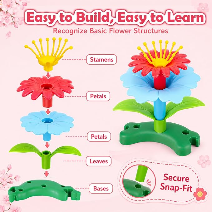 FUNZBO Flower Garden Building Toys Set - STEM Montessori Toys for Girls | Birthday Gifts for Age 3 4 5 6 7 8 9-12 Years Old Girl, Sorting & Stacking Spring Gardening Toy for Kids