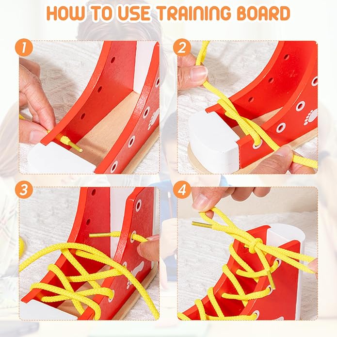 Shoe Tying Practice for Kids | Red Shoe Tie Practice for Kids Threading Lacing Shoes Training, Wooden Learn to Tie Shoes Basic-Life-Skills