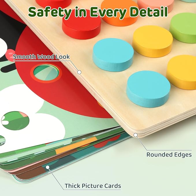 Montessori Wooden Button Art Learning Toy for Toddlers 1 2 3+ Year Old | Color Matching Board with 16 Animal Pattern Cards & 30 Wood Pegs, Educational Fine Motor Skills Activity for Preschool Kids