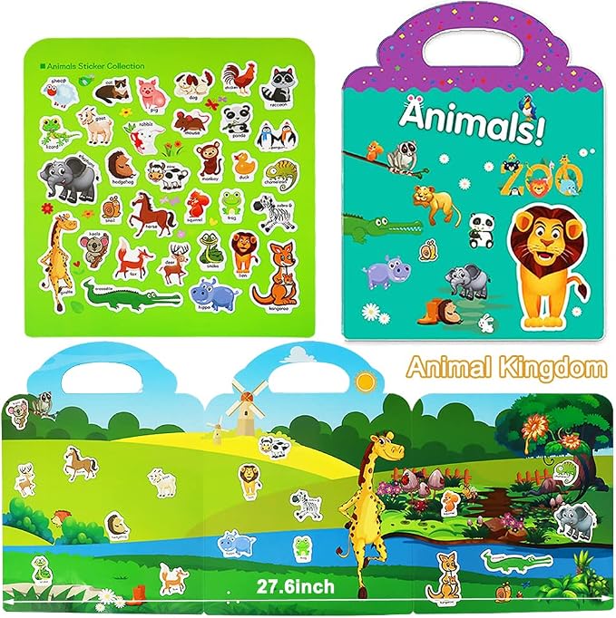 Reusable Sticker Books for Kids, 3 Sets Travel Removable Toddler Sticker Books for 3 4 5 Year Old Girls Boys Birthday Gifts Educational Learning Toys for Age 3-6 - Ocean & Zoo Animal, Farm