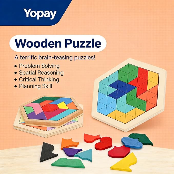 Yopay 6 Pack Wooden Tangrams Puzzles for Kids, 6 Styles Brain Teaser Hexagon Puzzle Block Geometric Shapes Jigsaw 3D Logic IQ Game