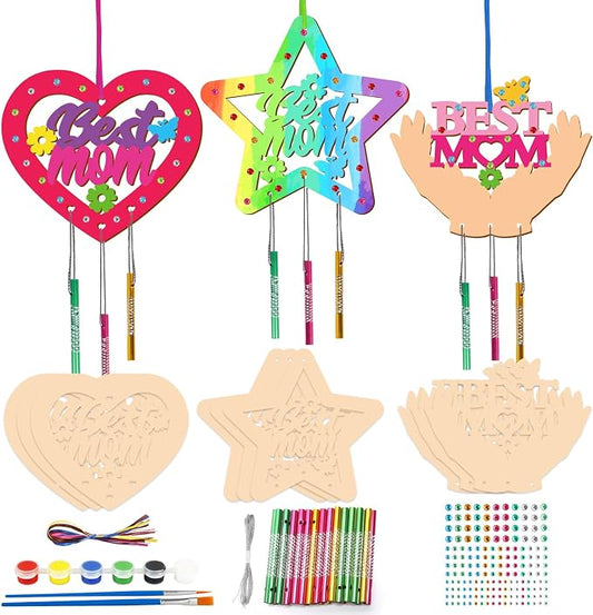 Fennoral 9 Pack MOM Wind Chime Kit for Kids Make You Own Mother's Day Wind Chimes DIY Coloring Mother's Day Wooden Art and Craft for Art Activity Mom's Birthday Decoration Mum Gifts