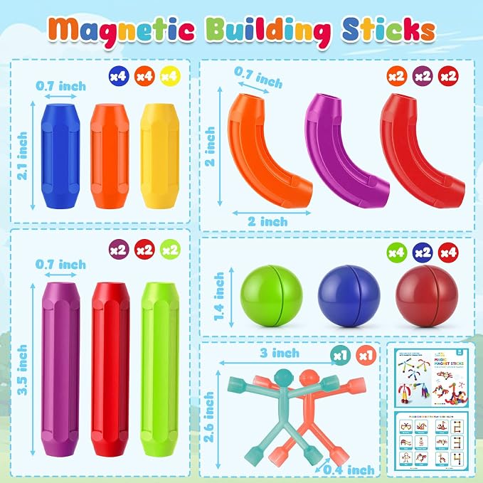 3 otters 36 PCS Magnetic Sticks and Balls, 2 Magnetic Men, Guide | STEM Building Toy for Kids, Educational Construction, Classroom Activities, Travel Toys