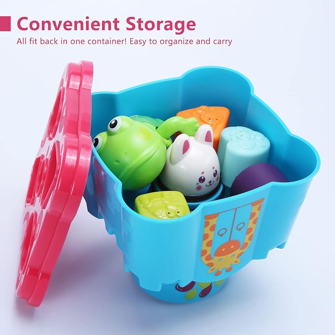 LTKFFFdp Baby Stacking Toys for Toddlers 1-3, Nesting Cups Shape Sorter for Infant 6 to 12-18 Month, Stackable Learning Toy with Blocks, Rattle & Frog Bath Toy, for Girl Boy Birthday | with Rattle & Frog, Outside/Bath/Beach/Playpen Toys for 1 Year Old ...