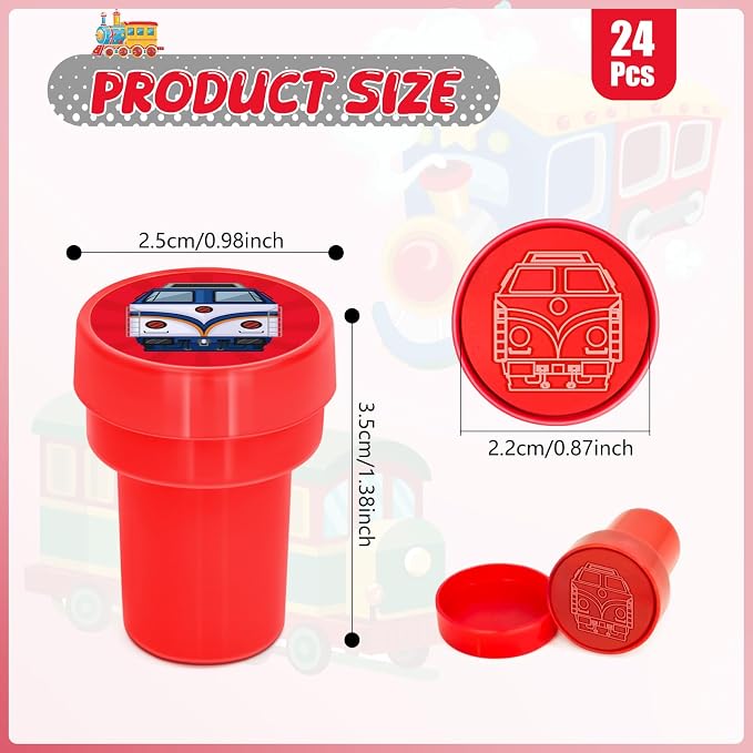 Cinrobiye 24 Pcs Train Stampers Party Favor Set, Cute Railway Train Stamps for Kids Birthday Party, Classroom Rewards, Carnival Prizes, Goody Bag Fillers, Transportation Themed Party Supplies